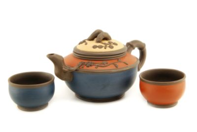 Tricolor Yixing Teapot Set with two cups